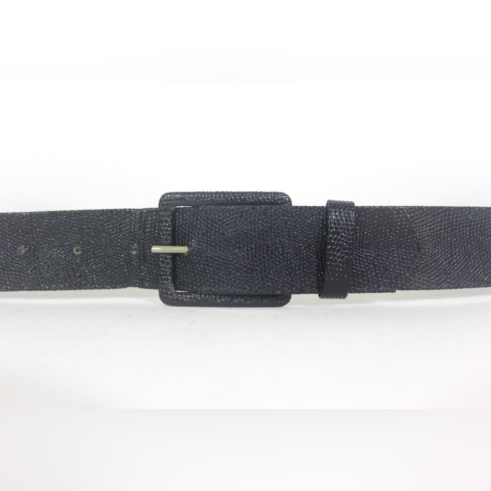 Black Snake Skin Leather Belt with Self Covered Square Buckle Glossy Shiny